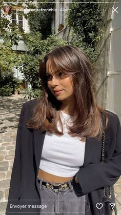 Whispy Medium Length Haircut, Medium Haircut Brown Hair, Medium Length Dark Hair With Highlights Long Bobs, Mid Length Haircut With Face Framing Layers, Light Brown Hair With Black Eyebrows, Chunky Layers Medium Length Hair Curtain Bangs, Summer Curtain Bangs, Emily Ratajkowski Hair Short, Think Hair Haircuts Medium