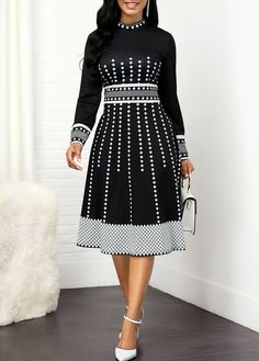 Office Dresses For Women, Fashion Dresses Online, Geometric Dress, Geometric Print Dress, Mock Neck Dress, High Waist Dress, Black And White Dress, Long Sleeve Print Dress, Round Neck Dresses