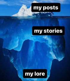 an iceberg floating in the ocean with caption that reads, my posts my stories my lore