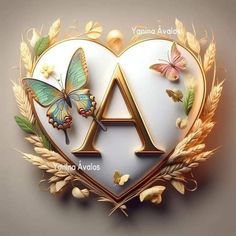 a heart with butterflies and the letter a in it's center, surrounded by leaves