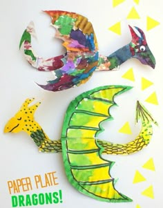 paper plate dragon craft with yellow and green stars on the side, next to it's tail