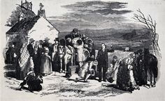 an old black and white drawing of people standing in front of a house