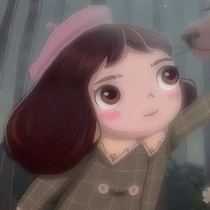 a cartoon girl with long brown hair and big eyes holding a horse's head