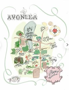 an illustrated map with the names of various towns and locations in it, including trees