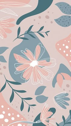 a pink and blue floral wallpaper with leaves