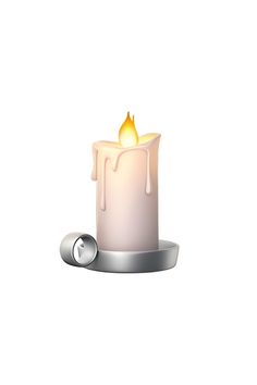 a lit candle sitting on top of a metal plate with a button in front of it