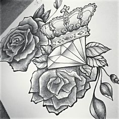 a rose with a crown on it and some other flowers in front of the drawing