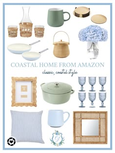 coastal home from amazon with blue accents and white accessories, including vases, plates, bowls, cups, etc