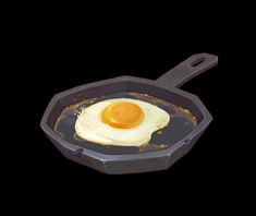 an egg frying in a cast iron skillet on a black background with some oil sprinkles