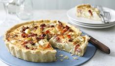 a quiche with bacon and cheese on a blue plate