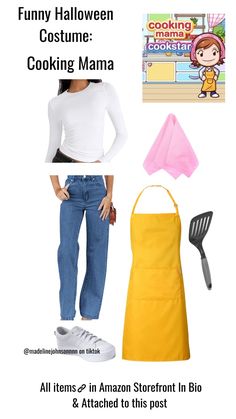 a woman in white shirt and yellow apron standing next to cooking mama book with text that reads, funny halloween costume cooking mama