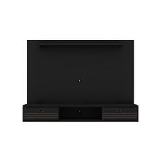 a flat screen tv mounted to the side of a white wall with two black shelves