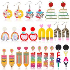 PRICES MAY VARY. Teacher Earrings Multi Pack: you will get 12 pairs of teacher earrings in various shapes and sizes, pencil, rainbow, letter, apple, book drop dangle and so on; Adequate for you to have the nice match for various occasions at any time; To bring you a good user experience Comfortable to Wear: our teacher earrings are made of quality beads, acrylic, clay and alloy materials, durable and comfortable; They show thoughtful consideration for teachers who make a living by teaching, lovi Fall Teacher Gifts, Inexpensive Teacher Gifts, Teacher Apparel, Small Teacher Gifts, Student Birthday Gifts, Handmade Teacher Gifts, Classmates Gifts, Kindergarten Teacher Gifts, Teacher Jewelry