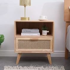 Modern Rattan Nightstands Nordic Simple Bedroom Furniture Japanese Log Color Solid Wood Bedside Cane Bedside Tables, Modern Bedroom Storage, Reka Bentuk Bilik Tidur, Bedside Table Nordic, Simple Bedside Tables, Hiasan Bilik Tidur, Bedside Furniture, Solid Wood Side Table, Small Bedside Table