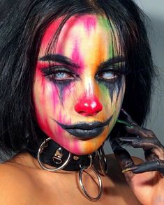 Strange Makeup Looks, Face Painting Adults Creative, Evil Clown Makeup For Women, Creepy Clown Makeup Women, Colorful Halloween Makeup, Haunt Makeup, Creepy Clown Makeup, Halloween Makeup Clown