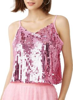 Look your best in this Sparking Sequin Cami Sleeveless Top. The eye-catching sequins bring a unique shimmering look that's sure to turn heads. Show off your personal style with this must-have statement piece. 100% Polyester Imported Pull On closure Hand Wash Only Brand Size Dress Bust Waist Hip XS 0-2 31-32.5'' 23-24'' 31-34" S 4-6 33-35'' 25-26'' 35-37" M 6-12 35-36'' 27-28'' 38-39" L 12-14 38-40'' 29-31'' 40-42" XL 14-16 40-42'' 33.5-36'' 44-46" Glamorous Party Camisole Tank Top, Glamorous Shimmer Sequin Fabric For Spring, Glamorous Spring Sequin Fabric With Contrast Sequins, Glamorous Contrast Sequin Fabric For Spring, Glamorous Tank Top For Party Season, Spring Night Out Sequin Shimmer Fabric, Evening Party Season Cami Tank Top, Glamorous Sleeveless Camisole For Party Season, Embellished V-neck Tank Top For Party