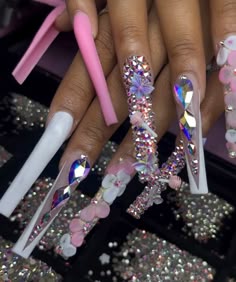 Kawaii Long Acrylic Nails With Charms, Acrylic Toe Nails, Long Acrylic Nail Designs, Pink Glitter Nails, Drip Nails, Short Square Acrylic Nails, Long Square Acrylic Nails, Coffin Nails Long, Bling Acrylic Nails