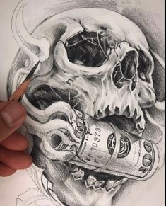 someone is drawing a skull with a pencil