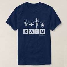 a blue t - shirt with the words swim on it and two hands in front