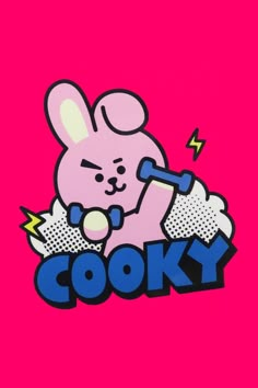 a pink background with an image of a cartoon bunny on it's chest and the words cook