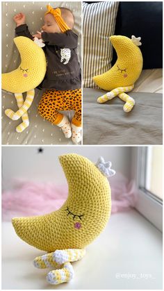 crocheted banana dolls are shown in three different photos, one is sleeping and the other is laying down