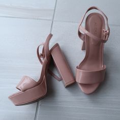 Good Condition Never Worn Once Feminine Pink Round Toe Sandals, Trendy Pink Block Heel Sandals, Blush Ankle Strap Heels For Summer, Feminine Pink Sandals With Heel Strap, Feminine Pink Ankle Strap Sandals, Chic Pink Open Toe Heels, Formal Pink Sandals With Buckle Closure, Pink Feminine Synthetic Sandals, Feminine Pink Synthetic Sandals