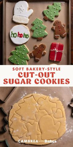 an image of cut out sugar cookies in the shape of christmas trees and gingers