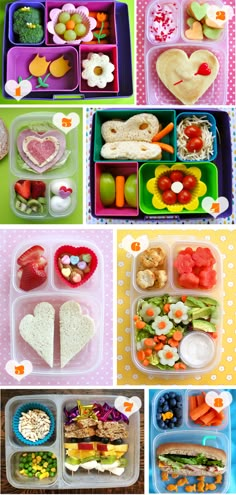 several pictures of different types of food in plastic trays and on the table are heart shaped sandwiches