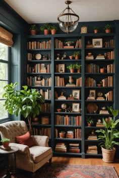 a living room filled with lots of books and plants