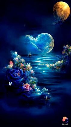 an artistic painting with blue roses and the moon in the sky above water, on a dark background