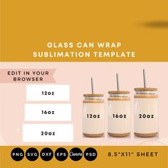 three glass jars with lids and straws are shown next to each other on a yellow background