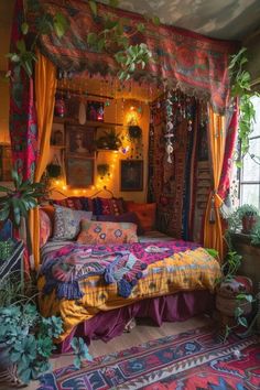 a bedroom decorated in bright colors with lots of plants on the bed and lights hanging from the ceiling