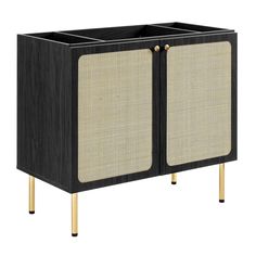 a black cabinet with two doors and gold legs