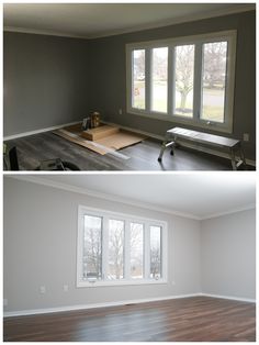 an empty living room before and after remodel with wood flooring in the foreground