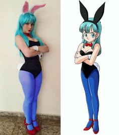 an animated image of a woman with blue hair and bunny ears, next to a cartoon character