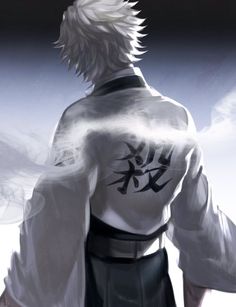 an anime character with white hair and black pants standing in front of a cloudy sky