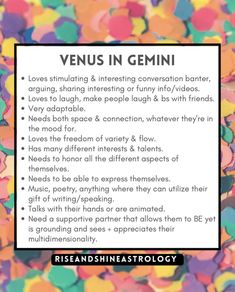 a poster with the words venus in gemini and an image of colorful confetti