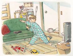 a drawing of a boy in pajamas playing with toys on the floor near a couch