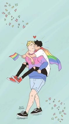 two people are hugging each other in the air with butterflies flying around them and one person is wearing a rainbow colored shirt