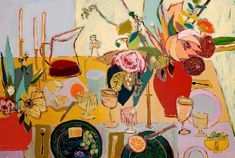 a painting of flowers and other things on a table with glasses, plates, and utensils