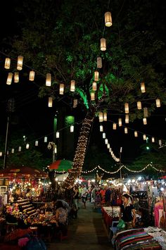 an outdoor market with paper lanterns hanging from the ceiling