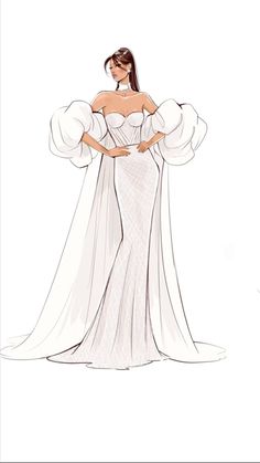 a drawing of a woman in a white dress with her hands on her hips,