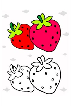 two strawberries and one strawberry on a white background with black dots in the middle