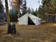 a tent is set up in the woods