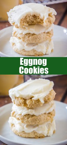 eggnog cookies stacked on top of each other with cream cheese frosting in between