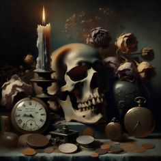 a still life with a skull, clock and other items