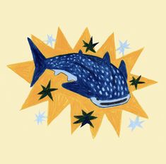 a drawing of a blue whale surrounded by starbursts on a yellow background