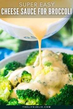 broccoli and cheese sauce being drizzled over it in a bowl