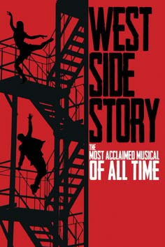 the poster for west side story shows a man on a fire escape ladder with his arms in the air