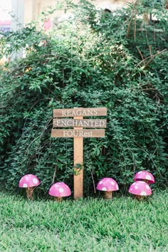 a sign that says reagans enchanted houses with pink mushrooms in the grass